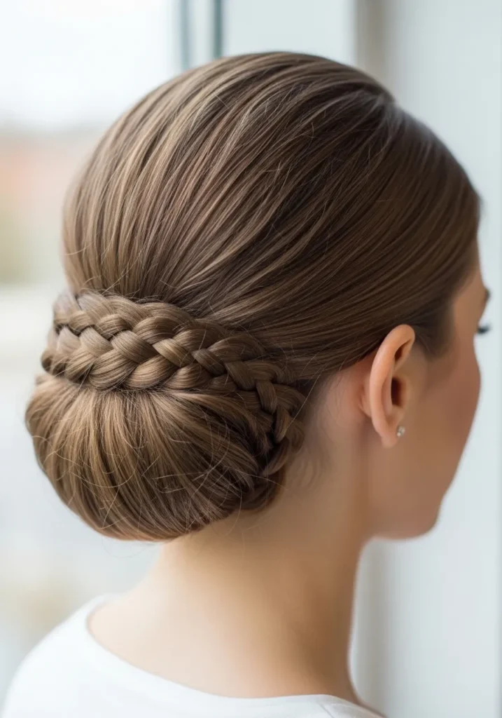 A woman with a braided low bun featuring soft woven detail at the back.