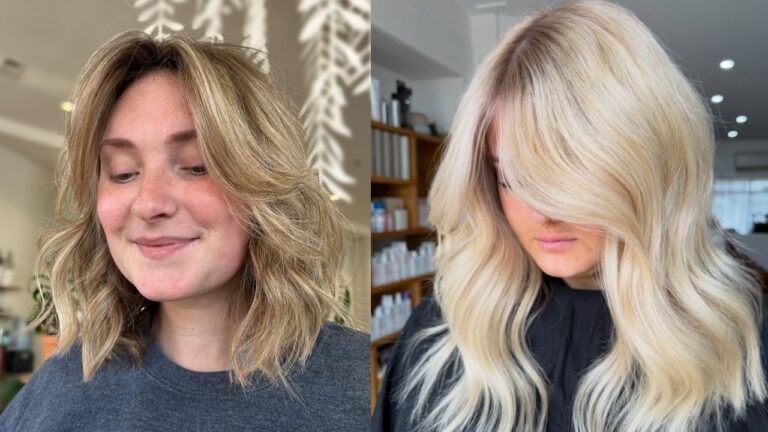 21 Quick Hairstyles That Save You Time Fast A side-by-side comparison showing two blonde hairstyles: a shorter, tousled lob with warm highlights on the left, and long, voluminous beach waves in a platinum blonde with curtain bangs on the right.
