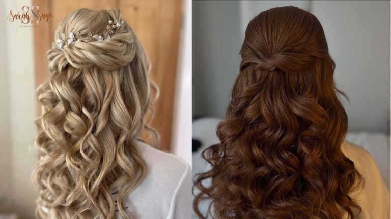 Two views of long curly wedding hair styled in romantic half up twists with soft cascading curls and delicate hair accessories.