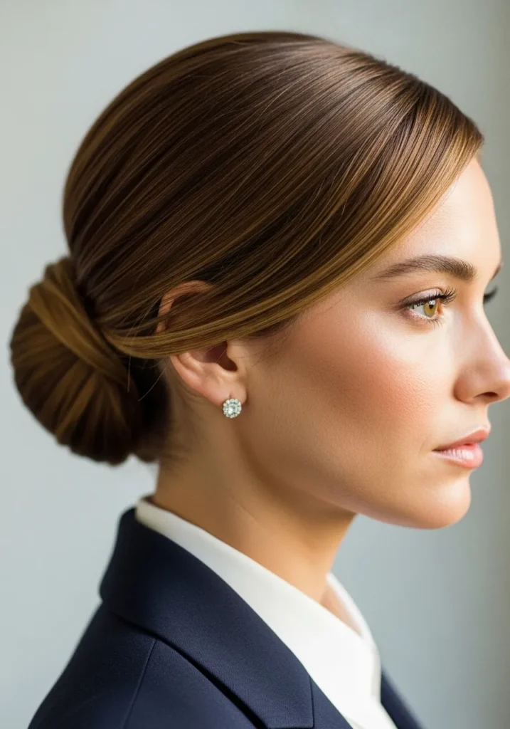 Brunette hair with a side sweep styled into a sleek low bun at the nape.