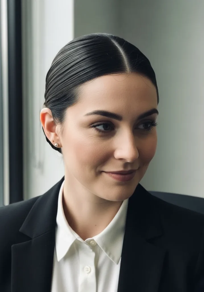 Dark brunette hair tucked behind the ears styled into a sleek low bun.