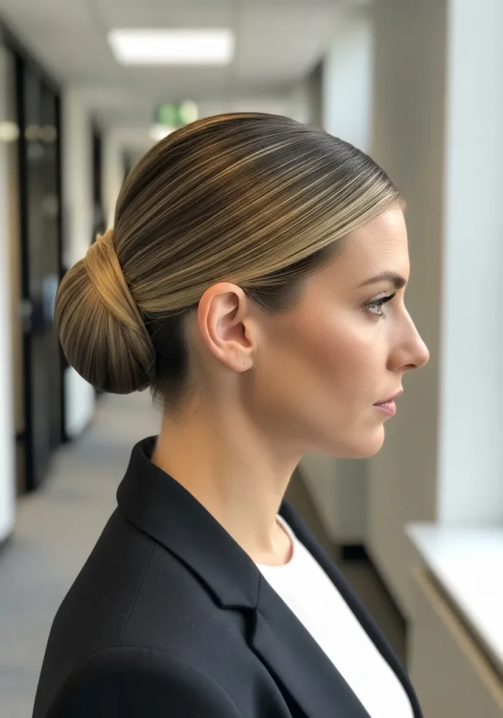 Blonde hair styled into a minimal sleek low bun with a sharp finish.
