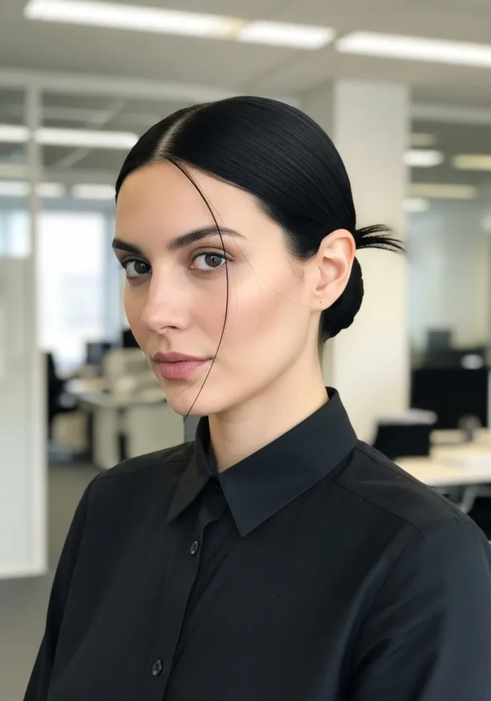 Dark hair styled into a sleek low bun with a single face framing strand.