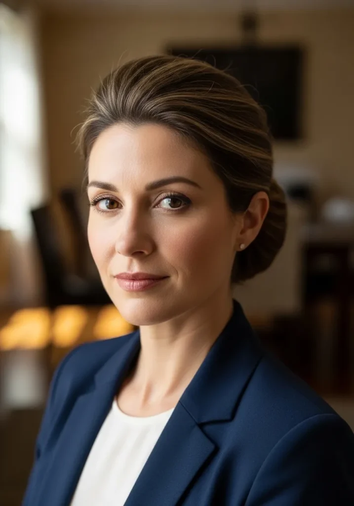 Light brown hair styled into a low bun with soft volume at the crown.