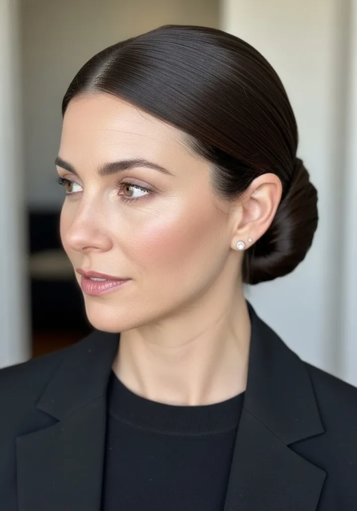 Dark brunette hair with a center part styled into a sleek low bun.
