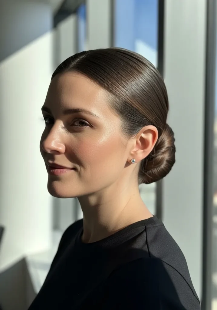 Brunette hair styled into a glossy low bun with a smooth polished finish.