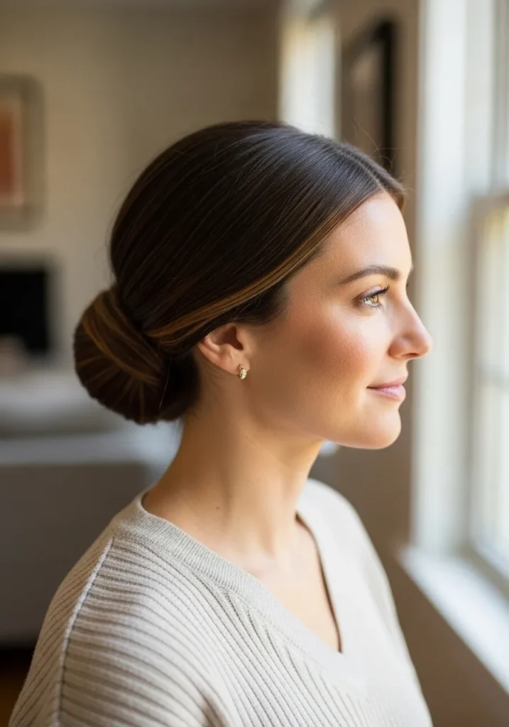 Blonde hair with a soft side part styled into a sleek low bun at the nape.