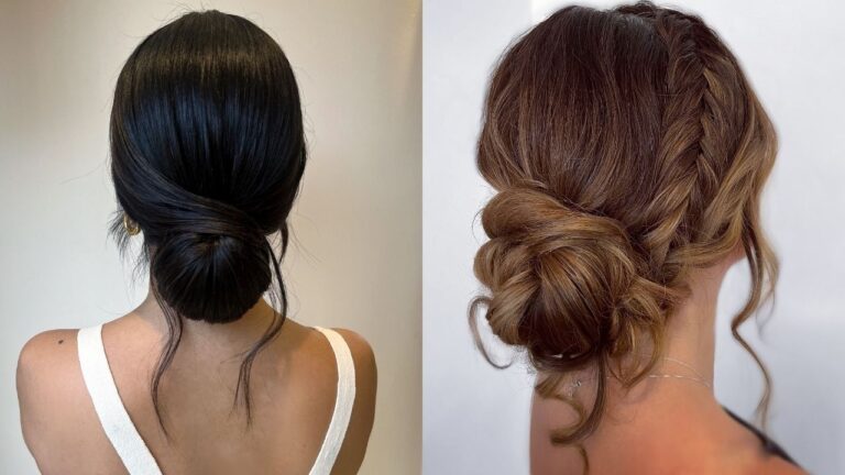 Two sleek low bun hairstyles, one smooth dark bun with a wrapped finish and one textured blonde bun with a side braid detail.