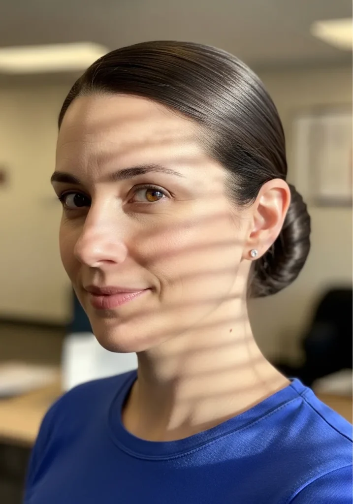 Dark hair with a center part styled into an ultra sleek low bun with a smooth finish.