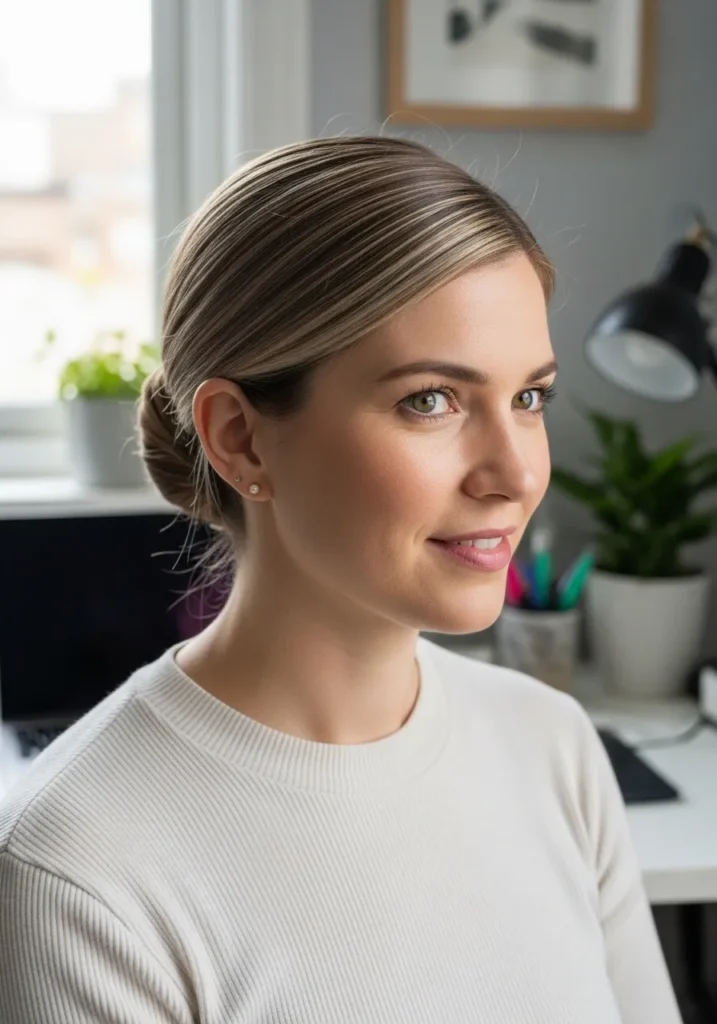 Medium blonde hair styled into a polished low bun with a natural smooth finish.