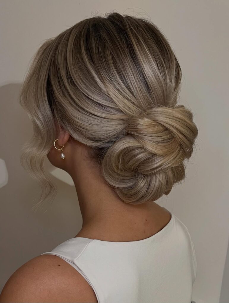 Blonde hair styled into a soft voluminous low bun with light texture.