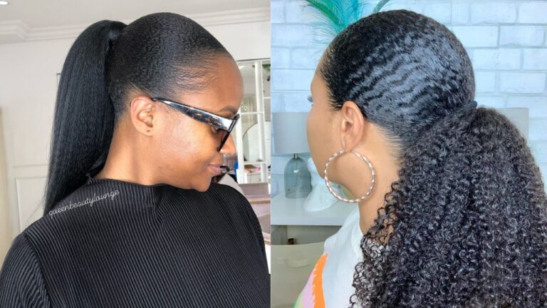 Side by side view of sleek natural hair ponytails with smooth laid roots and either a straight long tail or a full curly textured ponytail.