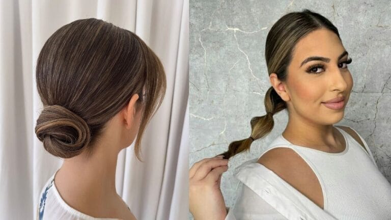 21 Stunning Chic Hairstyles for a Polished Everyday Look Two women demonstrate polished everyday hairstyles, featuring a sleek low bun with face-framing strands on the left and a neat bubble ponytail on a brunette base with highlights on the right.