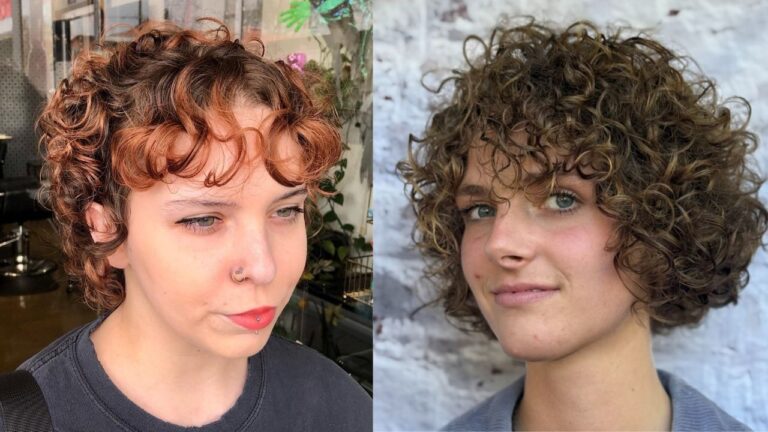 Two women showcase stylish short curly hairstyles with bangs, featuring a textured auburn pixie cut with soft forehead curls on the left and a voluminous light brunette curly bob with a full, bouncy fringe on the right.