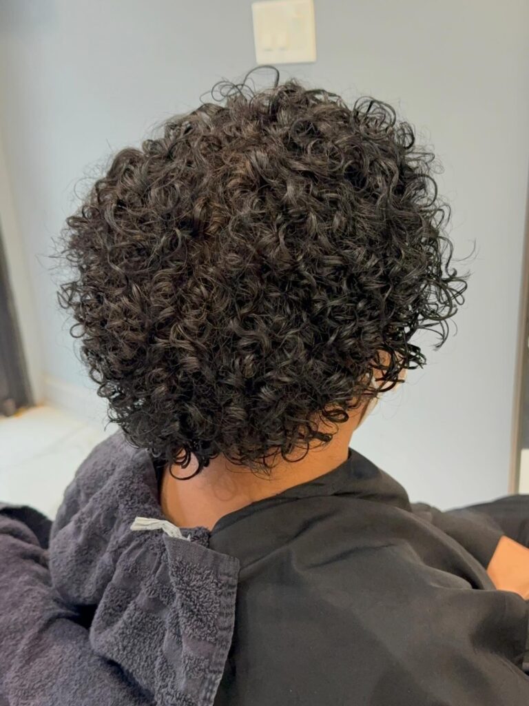 A back view of a person with a short, rounded, curly haircut featuring defined black ringlets and airy texture.