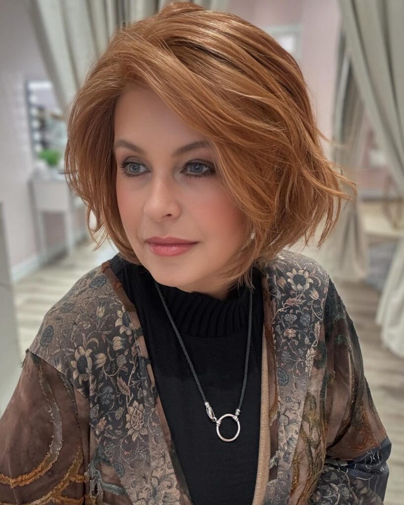 A woman with a voluminous, textured auburn bob hairstyle featuring choppy layers and a soft side-swept fringe.