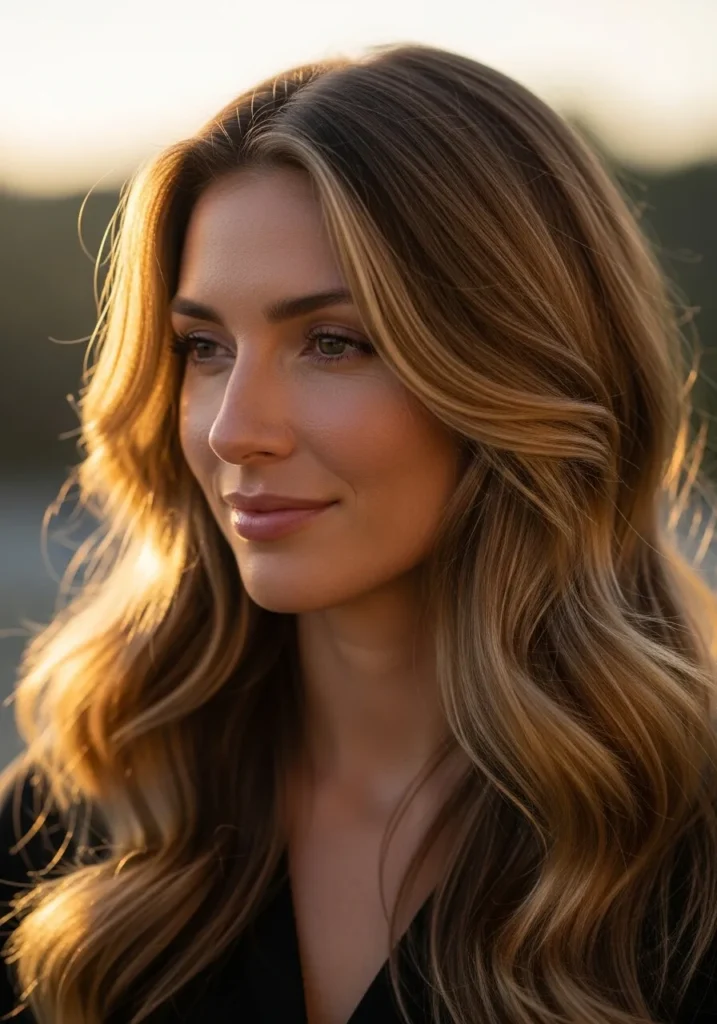 Long golden brown hair with soft flowing waves and sunlit highlights.
