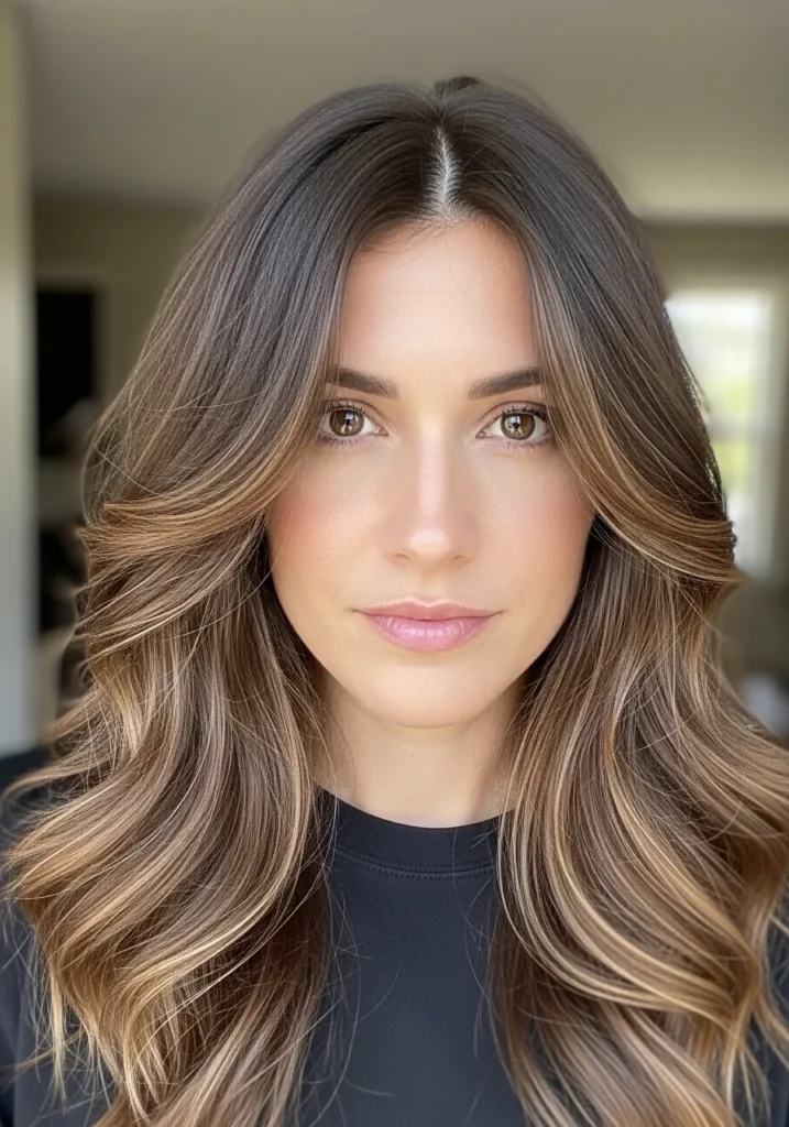 Long brunette wavy hair with face-framing layers and a smooth shape.