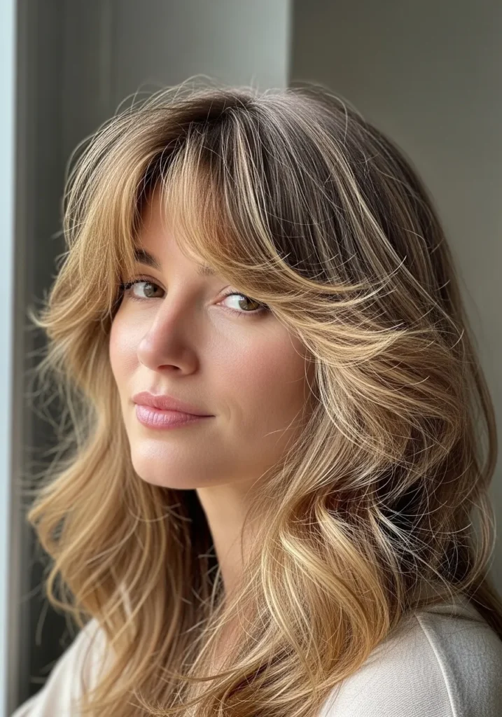 Long blonde wavy hair with layered texture and curtain bangs.