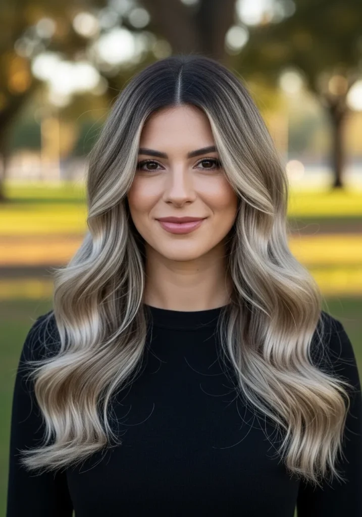 Long wavy hair with cool blonde balayage and soft blended waves.