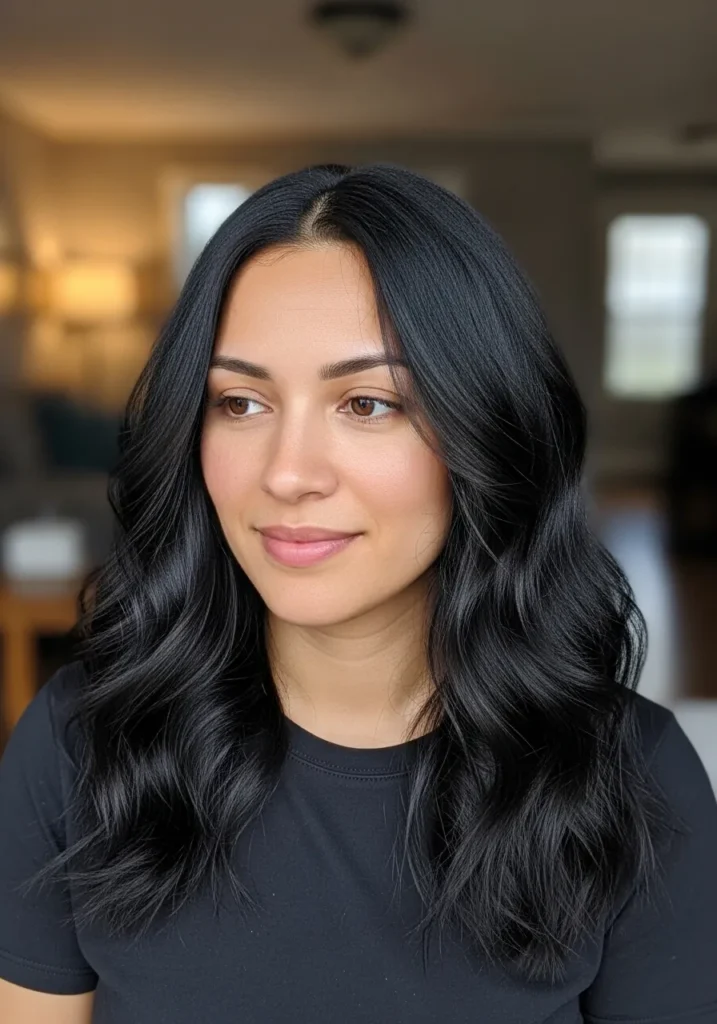 Long dark hair with soft waves and a natural glossy finish.