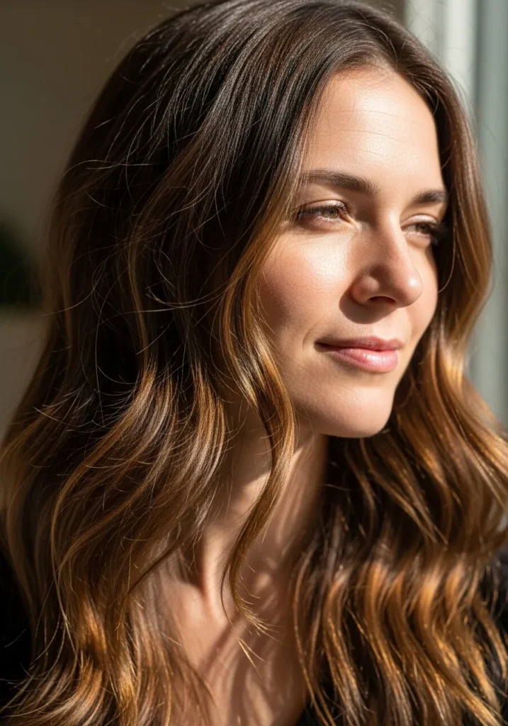 Long brunette hair with soft layered waves and warm tones.