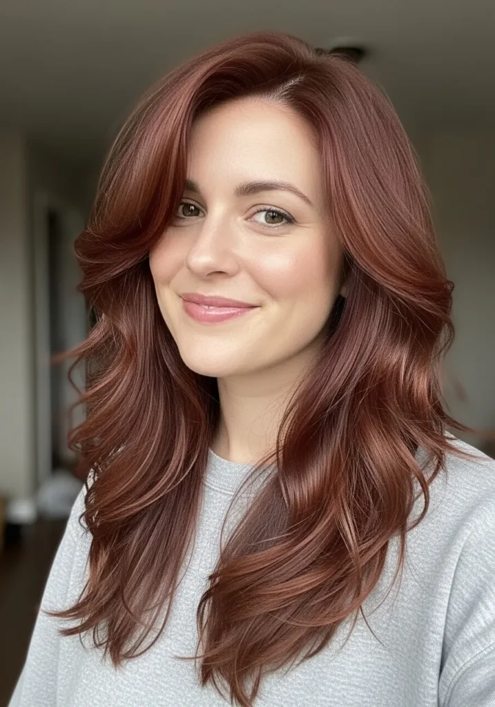 Long auburn hair with soft flowing waves and a romantic shape.