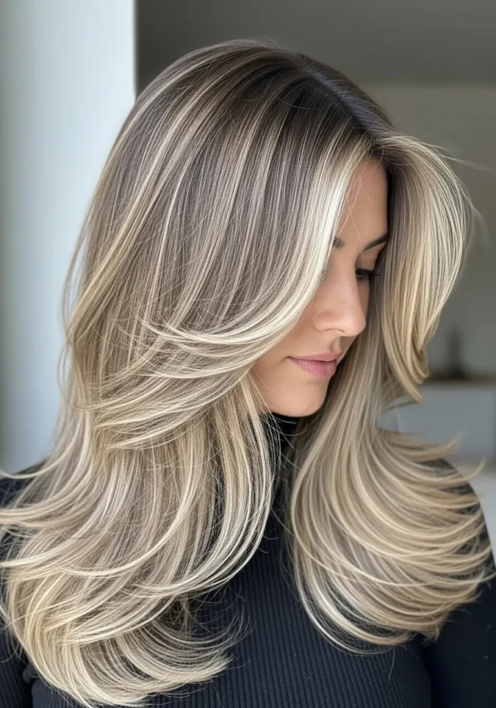 Long blonde hair with feathered layers and soft voluminous waves.