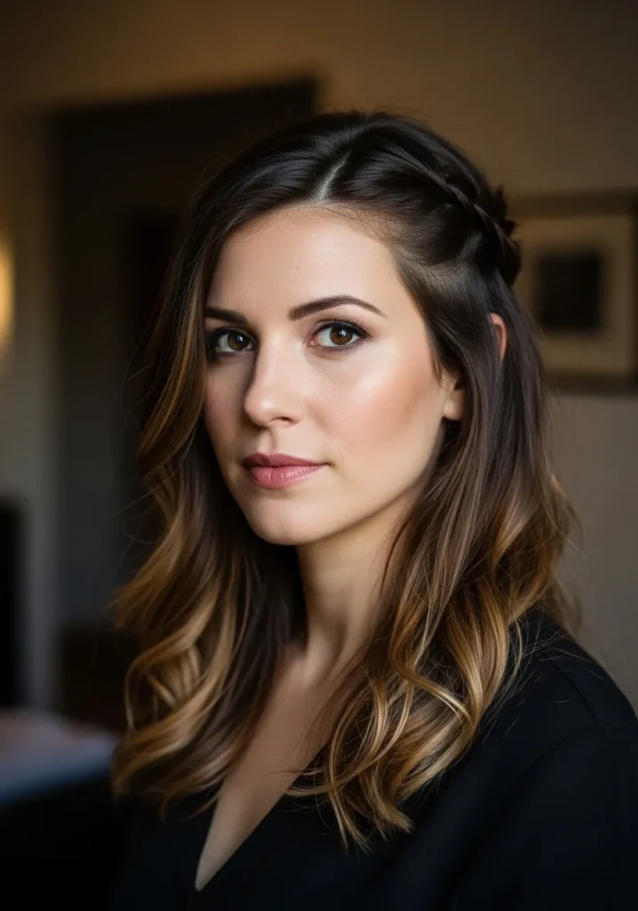 Long brunette wavy hair styled half up with a soft braided detail.