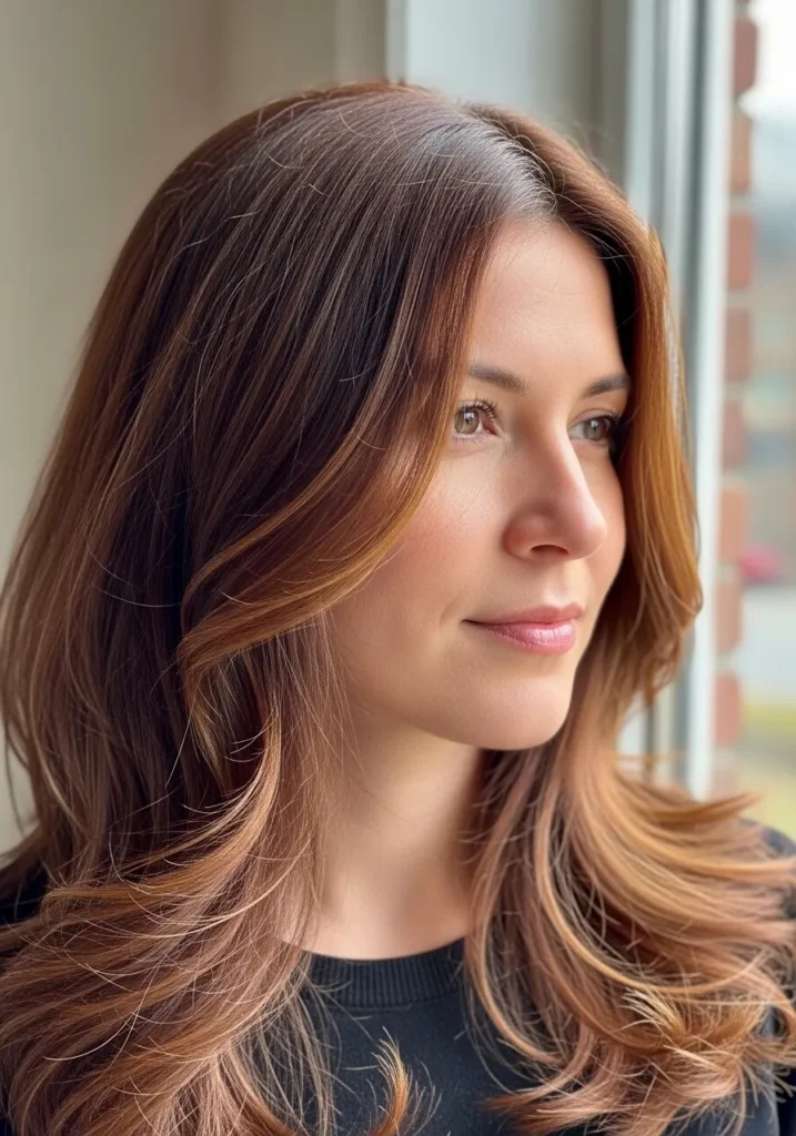 Long copper hair with soft layered waves and a warm finish.