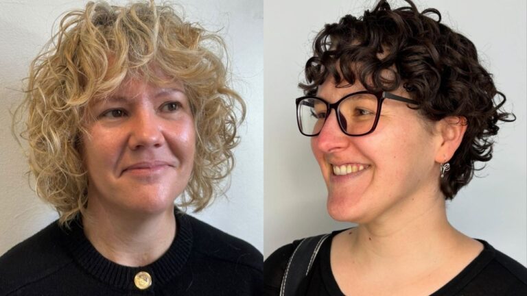 A side-by-side comparison displays two dreamy short curly hairstyles for summer, featuring a voluminous honey-blonde curly bob with a thick fringe on the left and a tapered dark brunette pixie cut with defined, glossy ringlets on the right.