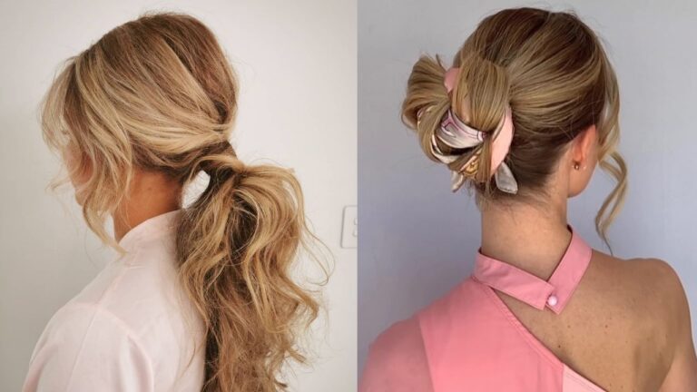 A side-by-side comparison displays a brunette low ponytail tied with a neutral scrunchie on the left and a half-up hairstyle secured with a dark claw clip on the right.