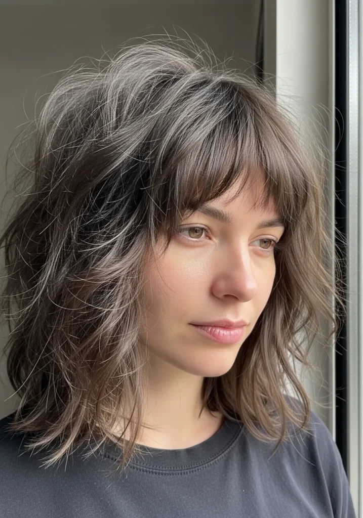 A woman with a soft ash brown wavy shag haircut with airy layers and a light fringe.