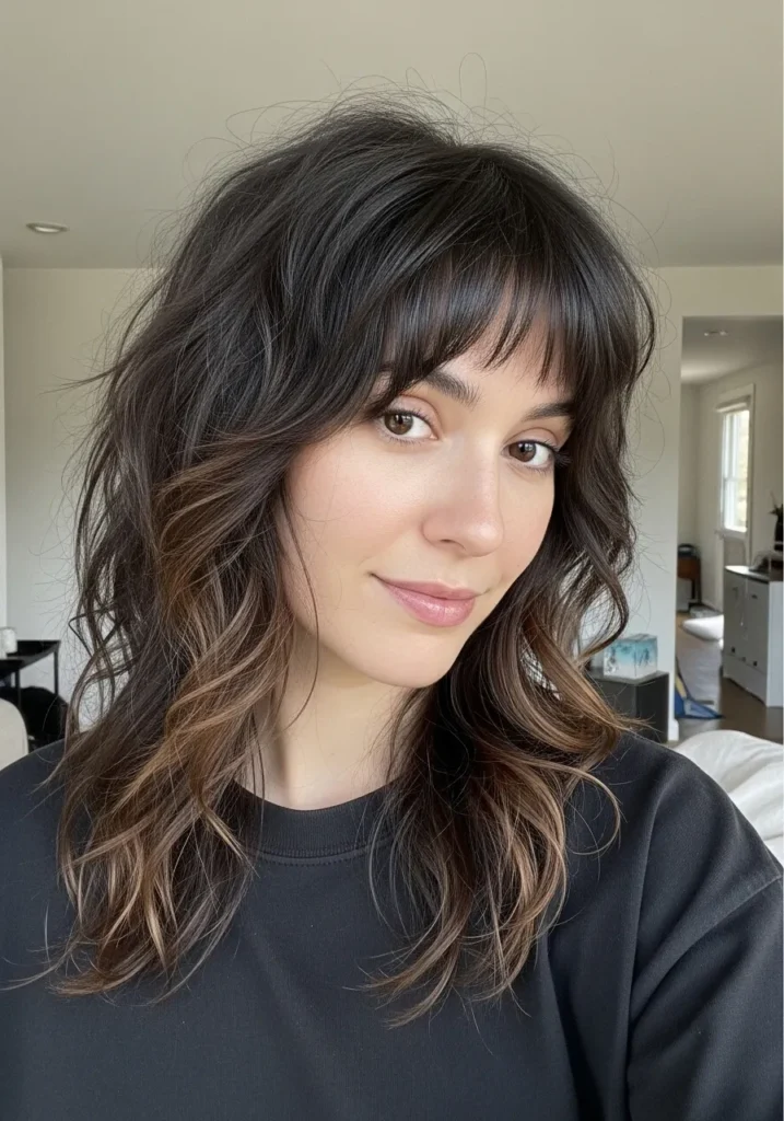 A woman with a layered wavy shag haircut with a full fringe and soft waves.