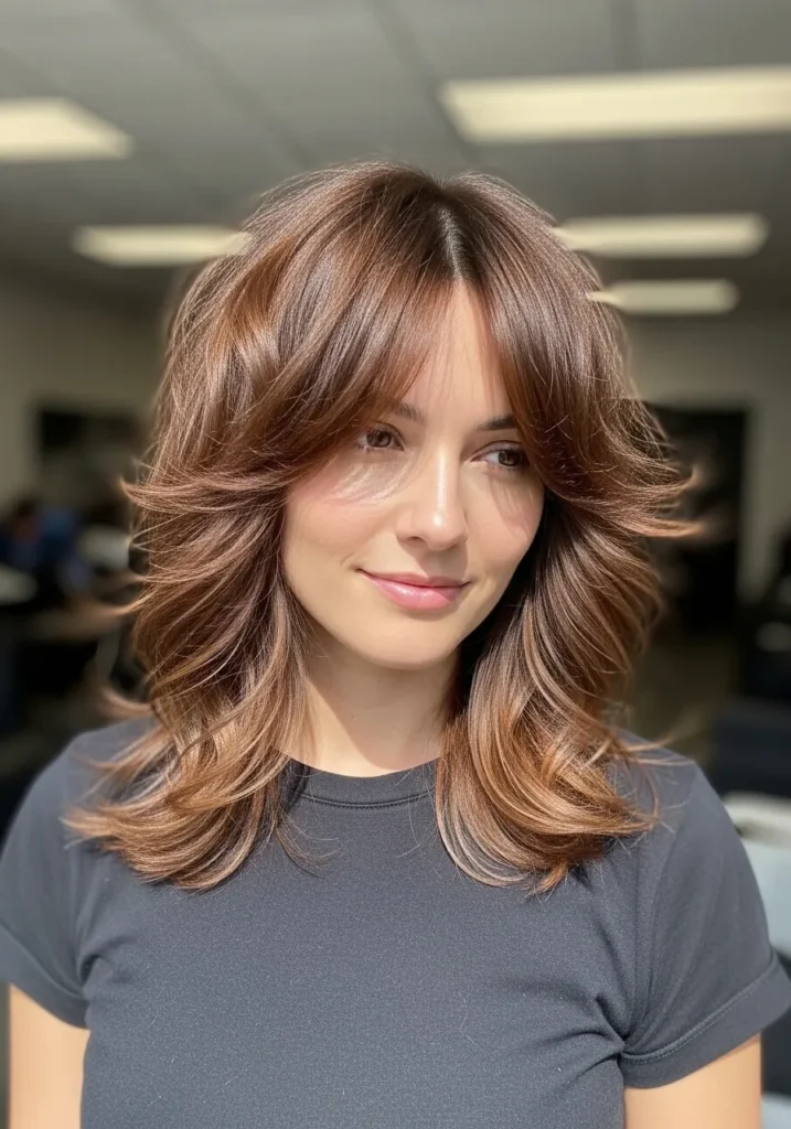 A woman with a feathered wavy shag haircut with soft volume and warm brunette tones.