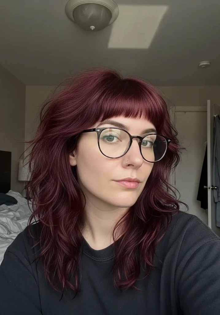 A woman with a burgundy wavy shag haircut with layered texture and soft fringe.