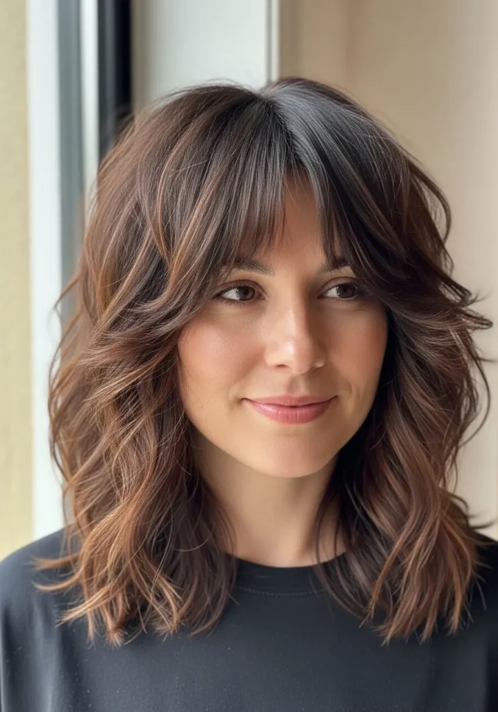 A woman with a medium length wavy shag haircut with curtain fringe and soft layers.