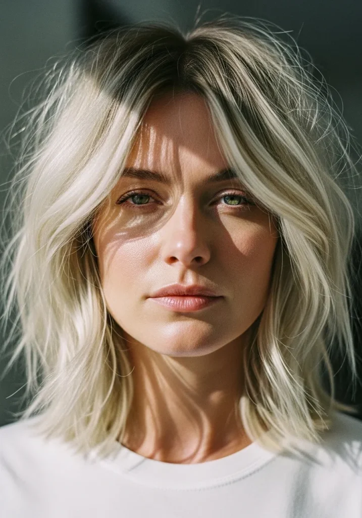 A woman with a blonde wavy shag haircut with textured ends and darker roots.