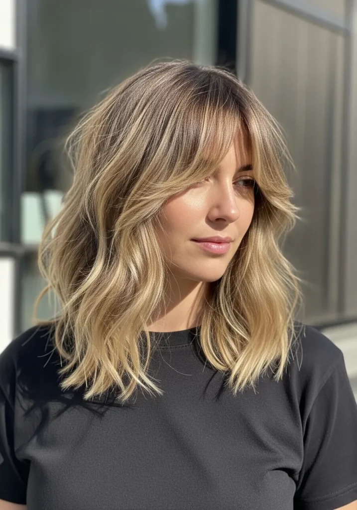 A woman with a blonde wavy shag haircut with soft layers and face framing pieces.