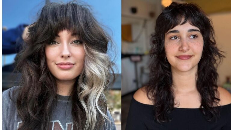 22 Edgy Shag Wavy Hairstyles That Bring Back Cool Texture Two women with edgy wavy shag haircuts featuring layered texture, soft fringe, and natural volume, one with a bold light streak and one with a darker tousled finish.