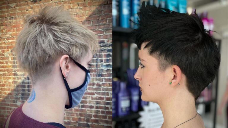 Short tomboy haircut with a tapered undercut and textured choppy top shown in blonde and dark variations from the back and side.