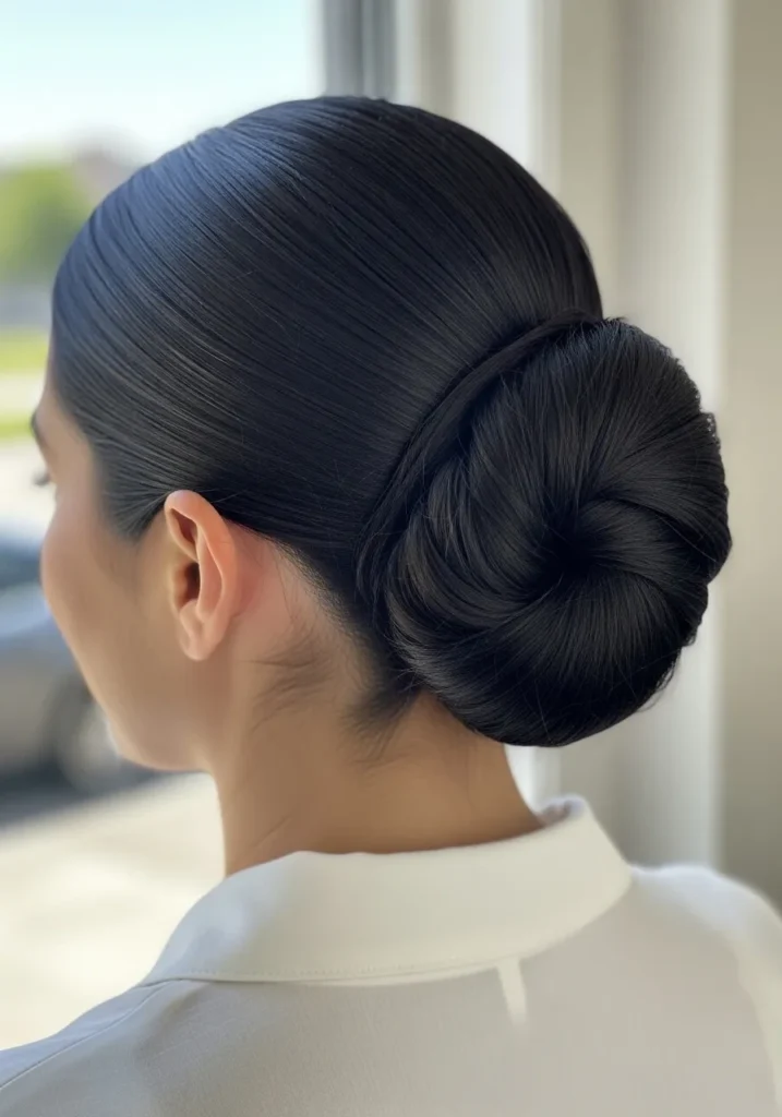 Sleek dark hair styled into a smooth rounded donut bun at the nape.