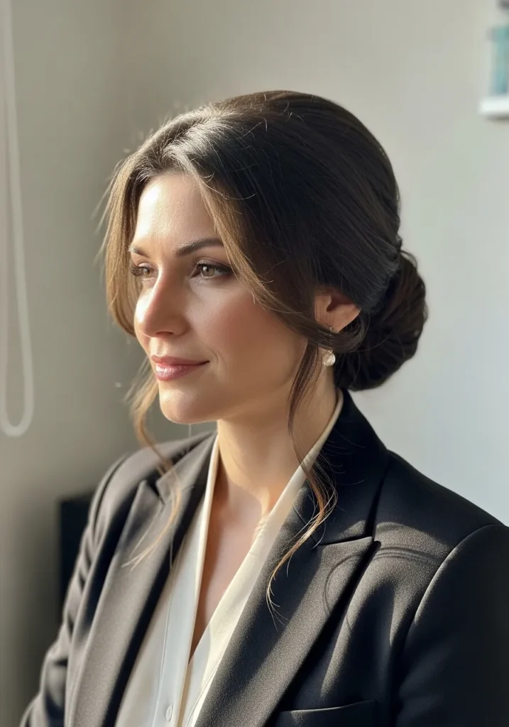 Brunette hair with a center part styled into a classic low bun with soft framing strands.