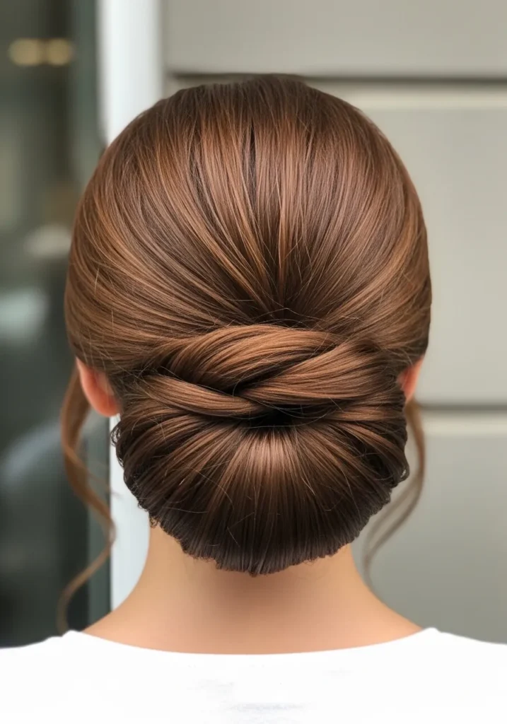 Brown hair styled into a twisted low bun with soft dimension and shine.