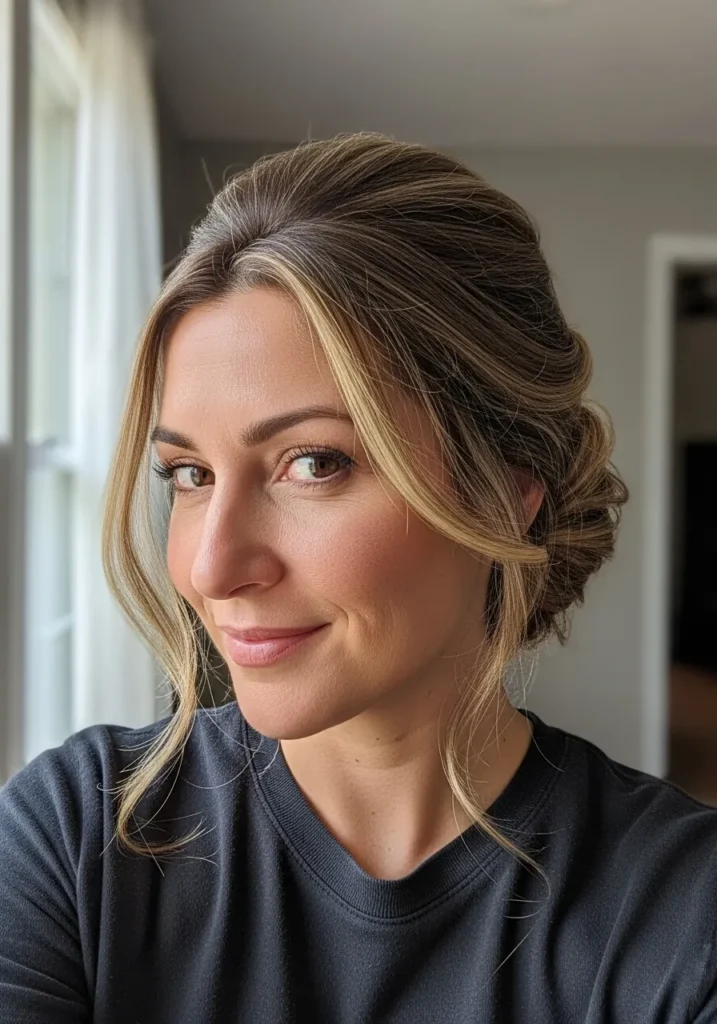 Loose low updo with soft volume and face framing strands.