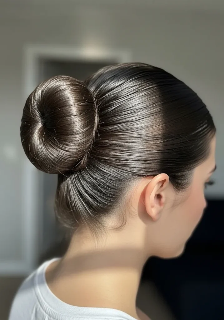 Sleek glossy low bun with dark hair and a smooth polished surface.