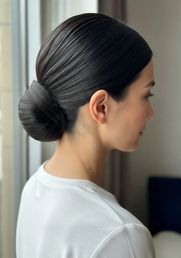 Minimalist low bun with smooth hair and clean structured lines.