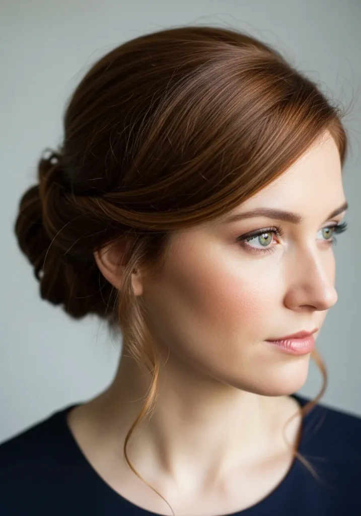 Auburn hair styled into a soft side swept low bun with face framing strands.