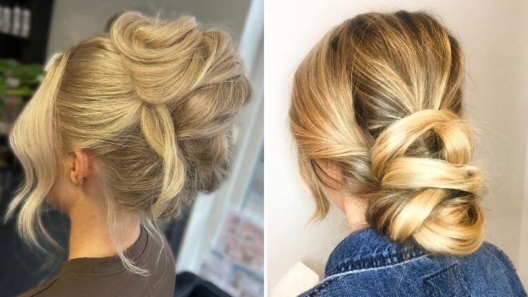 Long-Hair Updos That Stay Elegant Through the Workday Two elegant low updos on blonde and brunette hair with soft volume and neatly pinned finishes.