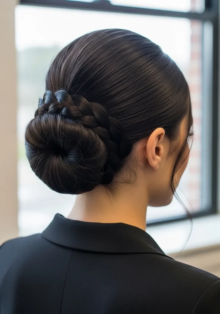 Dark hair styled into a braided low bun with a smooth structured finish.